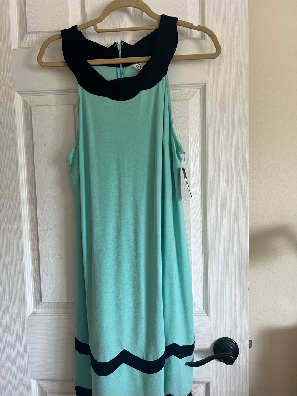 Sleeveless Mint Shift Dress with Navy Contrast Trim